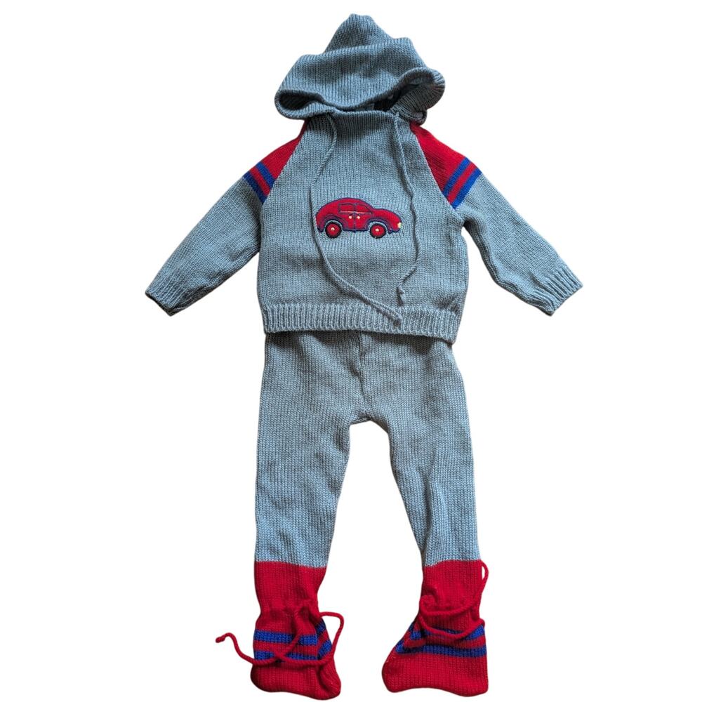 Vintage made in Spain 3-6 mo gray knitted baby boy's sweater and jogger set